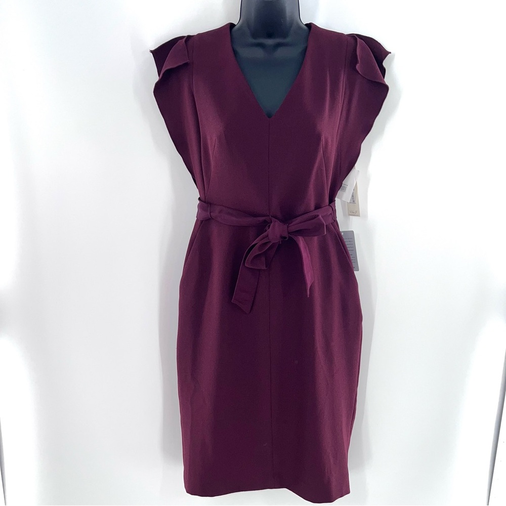 Eliza J Deep Burgundy Sheath Midi V-Neck Dress w/Reversible Fabric Belt-Size 0